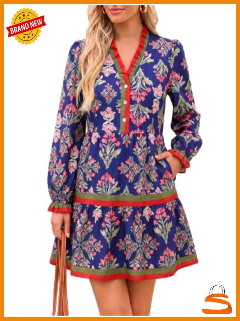 Floral Mini Dress with Ruffle V-Neck, Button Front, Pockets
